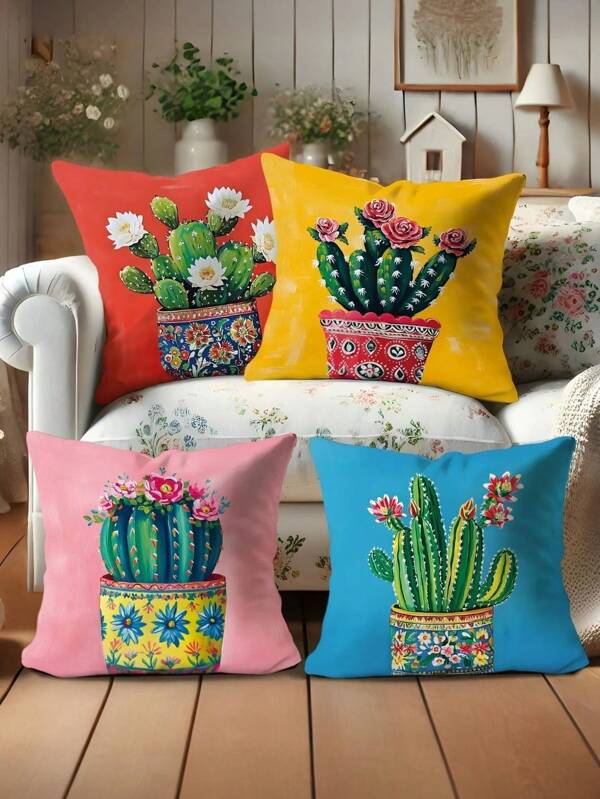 4 piezas/1 pieza Funda de almohada con patrón de cactus de verano con fondo rojo, verde, amarillo y rosa, utilizada para decoración de fiestas en salas de estar, sofás y dormitorios | 18x18 pulgadas | Cierre con cremallera | Tela suave y cómoda - Duradera, resistente al desvanecimiento, lavable a máquina, adecuada para una decoración del hogar cálida y relajante. Sin relleno de almohada