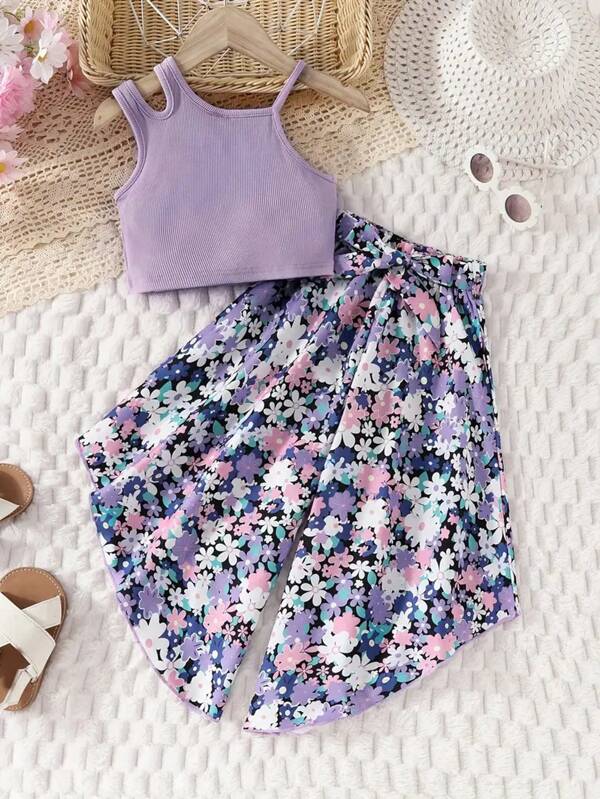 Solid Color Crop Top With Printed Wide Leg Pants Casual Beach Holiday Outfit For Girls, Suitable For Outdoor Use