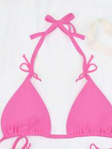 新款大尺碼 2 件式性感純色綁帶女款比基尼，海灘與泳池穿著，可拆卸泳衣內墊，夏季度假女裝 - 深粉紅色 - 查看 5