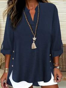 Plus Size Casual Solid Color Button Decoration Cutout Neck Blouse