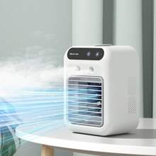 1 pieza Ventilador de aire acondicionado portátil, ventilador de escritorio, humidificador de escritorio y aire acondicionado frío, enfriador de aire con doble sistema de nebulización mejorado, adecuado para uso doméstico y de oficina, funcionamiento silencioso, ajuste de 2 velocidades, material plástico, batería de litio de 1800mAh/alimentado por USB - Opción ideal para humidificador de aire para el hogar y la oficina