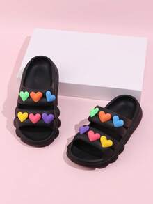 Girls' Heart Shaped Slippers, Summer New Kids Outdoor Beach Sandals, Little Girls Flip Flops - Black - View 7