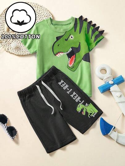 男童卡通恐龙印花短袖 T 恤和短裤两件套服装，时尚春夏