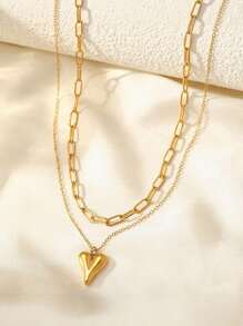 MONALLY Conjunto de 2 collares con colgante de corazón y cadena circular chapado en oro de 18K, acero inoxidable, joyería de oro para mujer, regalo para graduación, baile de graduación, accesorio diario, aniversario
