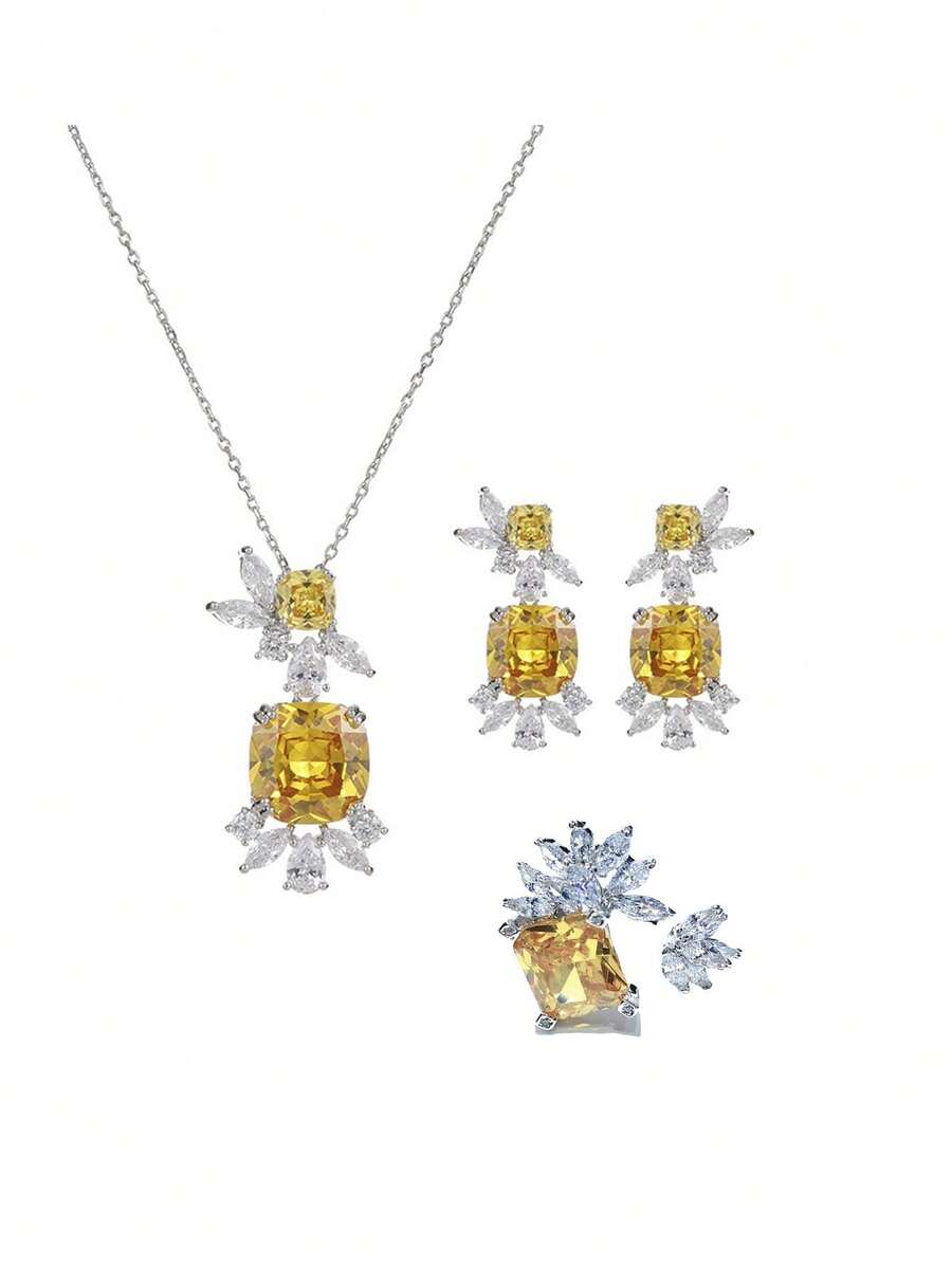 Bộ 1 chiếc vòng cổ, hoa tai và nhẫn Cubic Zirconia hình học sang trọng, phù hợp cho phụ nữ mặc đi tiệc và dự tiệc - Màu vàng - Xem 1