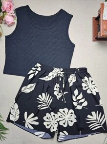 Plus Size G1 Sets Cropped Simple Basic + Short Shorts Printed