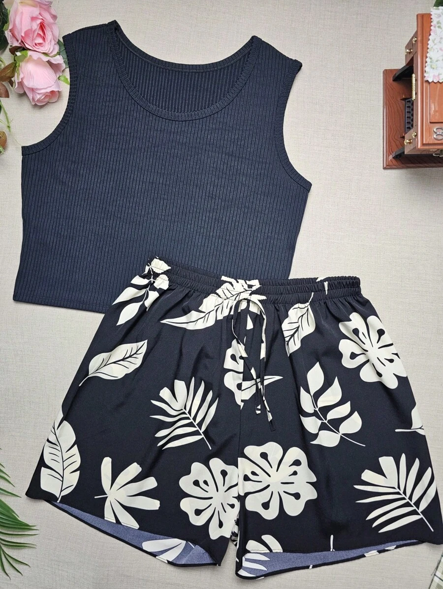 Plus Size G1 Sets Cropped Simple Basic + Short Shorts Printed