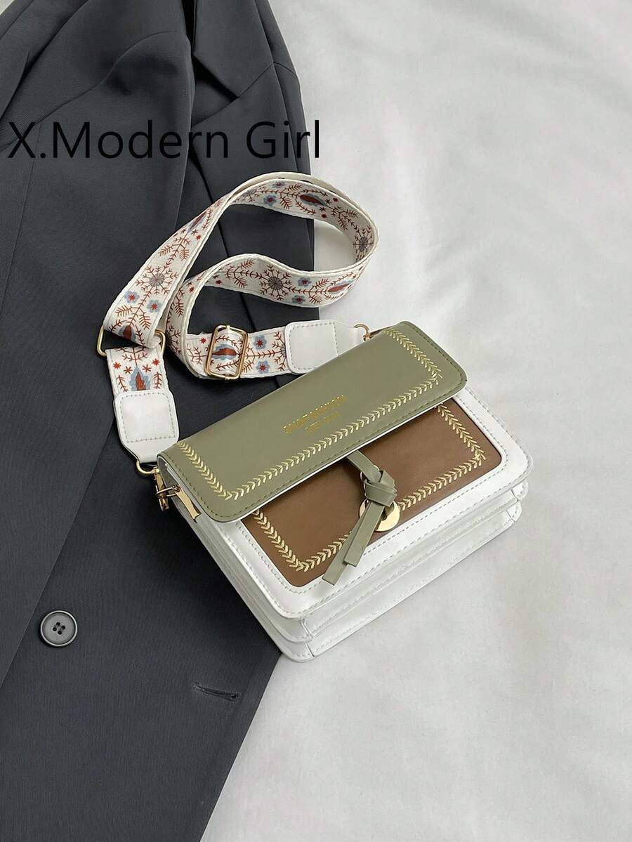 Fashionable Bag For Women, Versatile New Crossbody Bag, Casual, Contrasting Color, Small Square Bag, Wide Shoulder Strap, For Party Date School Outdoor Gift - Green - View 1