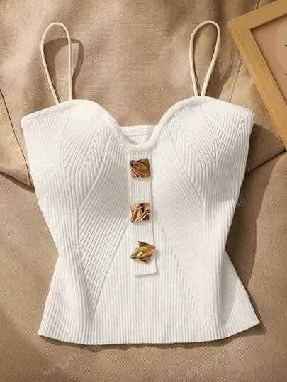 Women's Solid Color Minimalist Knitted Camisole, Fitted French Style Elegant Camisole, Hawaiian Style, School Uniform, Vintage Fashion, Can Be Worn Layered Or Alone, Autumn