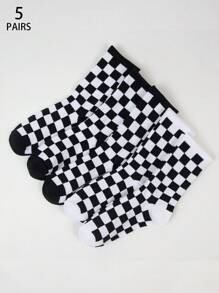 2/4/5/6 Pairs Of Women's Black & White Checkerboard Patterned Crew Socks, Personalized Casual Socks, Versatile For All Season, Suitable For Outdoor, Party, Gift, Y2k, Goth, School, Soft, Breathable