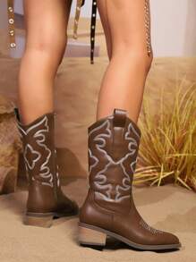Women's Fashion Embroidered Leather Brown Western Boots, Pointed Toe Block Heel Ankle Boots With Side Zipper For Easy On/Off, Stylish Chunky Heel Chelsea Boots, Casual Punk Rock Fashionable Outdoor Boots