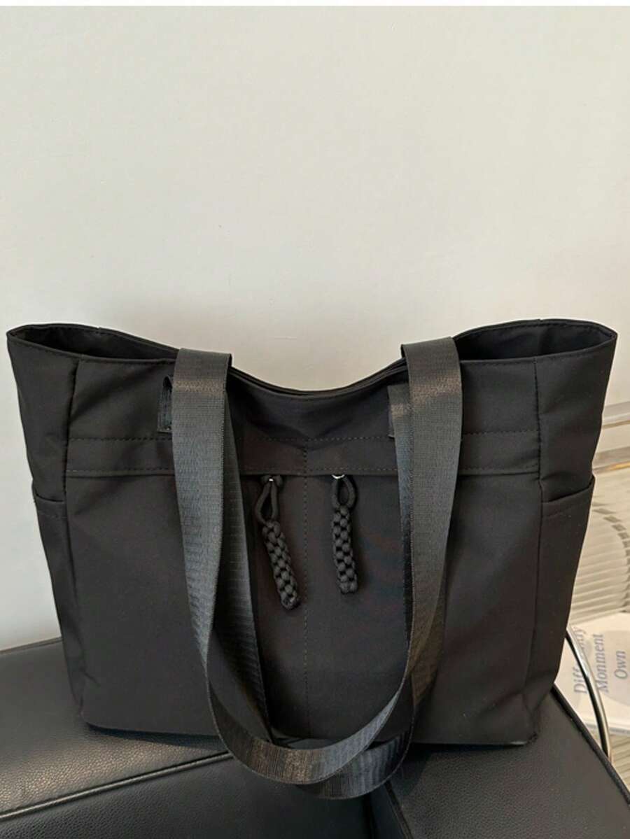 Fashion Versatile Solid Color New Tote Bag, Casual Minimalist Texture Contrast Color Shoulder Bag - Black - View 1