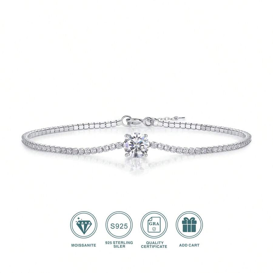 1 件 1 克拉圆形莫桑石手链，18K 镀金 S925 纯银，四爪镶嵌主石和密钉设计链条，可调节抽绳，简约优雅风格，非常适合生日、周年纪念、节日礼物，附有 GRA 证书