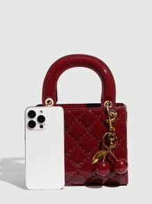 1 pieza Bolso de mano de piel de PU, bolso de color rojo vino, bolso de tote acolchado de piel de patente versátil, bolso pequeño estructurado, bolso de hombro y bandolera de moda, cartera con patrón geométrico