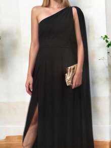 Vestido Elegante Asimetrico con Abertura Lateral y Holgado de la Parte Inferior Hombro Descubierto con Capa - Negro - Ver 2