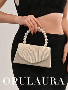 OpulAura 女士优雅仿珍珠缎手提包，浪漫婚礼派对包，精致迷人的晚礼服配饰，褶皱设计正式女士手拿包，适合正式场合、婚礼、生日、派对；也是一份很棒的礼物