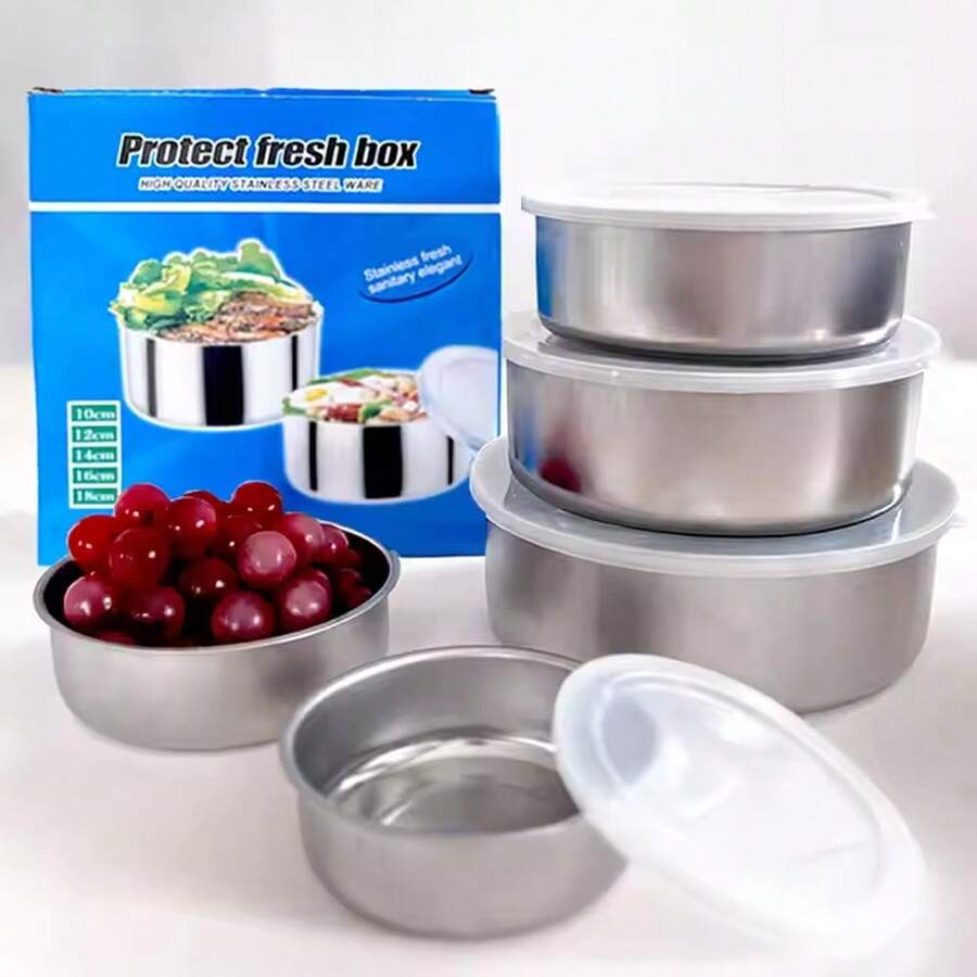 5 Piezas Recipientes Herméticos Acero Inoxidable Cuadrados - Juego Portátil Antiderrames para Lunch/Barbacoa/Familia, Incluye Bandeja Organizadora - 5 piezas - Tapa blanca - Ver 1