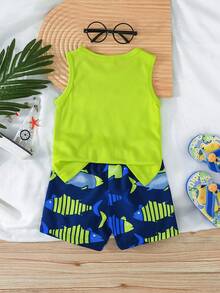 2pcs/Set Baby Boy Cute Shark Graphic Vest With Allover Print Shorts, Summer Daily Breathable Sportswear Set - màu xanh lá - Xem 2