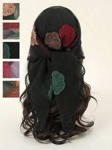 1pc Ladies Lace Chiffon Bandana Scarf, Sunflower Embroidery