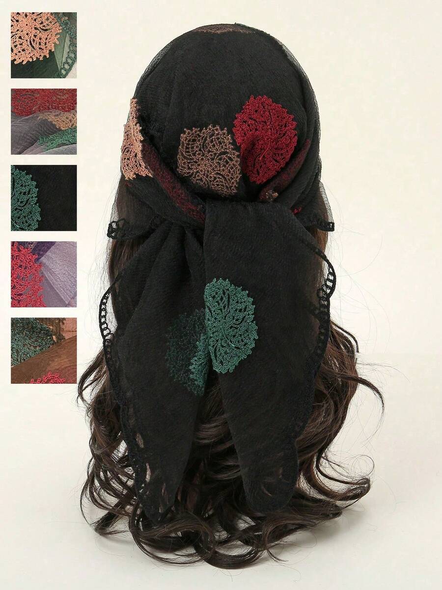 1pc Ladies Lace Chiffon Bandana Scarf, Sunflower Embroidery