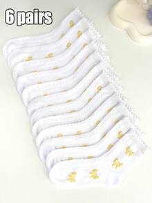 6 Pairs Girls Butterfly Print Mid-Calf Socks, Basic Match - White - View 1