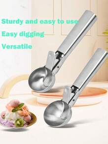 1pc Stainless Steel Ice Cream Scoop, Perfect For Frozen Yogurt, Multi-Functional Ice Cream Scoop, Stainless Steel Double Use Scoop, Non-Stick Ice Cream Scoop With Comfortable Anti-Frost Handle, Heavy Duty Metal Ice Cream Scoop With Trigger, Sturdy Stuffing Scoop, Home Ice Cream Tools Scoop, Easy To Clean, Suitable For Ice Cream, Cookie Dough, Sorbet, Almond, Ideal For Kitchen, Dessert Shop And Western Restaurant.