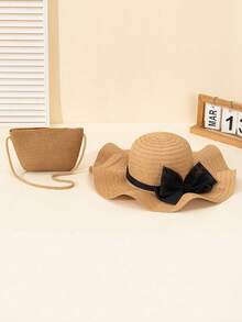 2 pezzi Set di cappello da sole in tela kaki e borsa a tracolla in paglia con portamonete, adatto per viaggi e vacanze