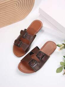 New Plus Size Women's Double Buckle Round Toe Comfortable Fashion Beach Flat Sandals, Suitable For Vacation, Home, Party And Commuting