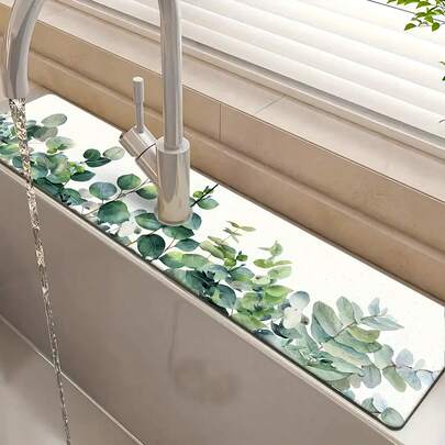 1pc Leaf Pattern Faucet Mat, Made Of Polyester Fiber, Moisture-Proof And Anti-Slip, Suitable For Kitchen And Bathroom Sink, Faucet Suction Cup Mat, Drying Mat, Also Applicable To Bathroom And Kitchen Countertops