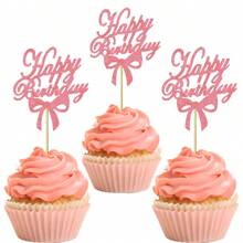 12/24 pièces Décorations de gâteau pour anniversaire, cure-pipes roses, paillettes pour gâteau, décorations pour célébrer la fête d'anniversaire, la baby shower, l'anniversaire