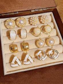 8pcs Vintage Minimalist Chic Petite Smooth Pearl Geometric Star Round Triangle Stud Earrings Set, Suitable For Women Everyday Or Occasions - Set I - View 1