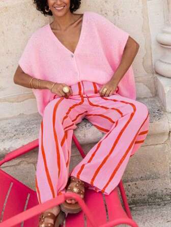 条纹涤纶口袋仿抽绳长裤，适合日常、节日、晚会、约会、生日、派对、学校、旅行、乡村音乐会、春夏季运动和健身