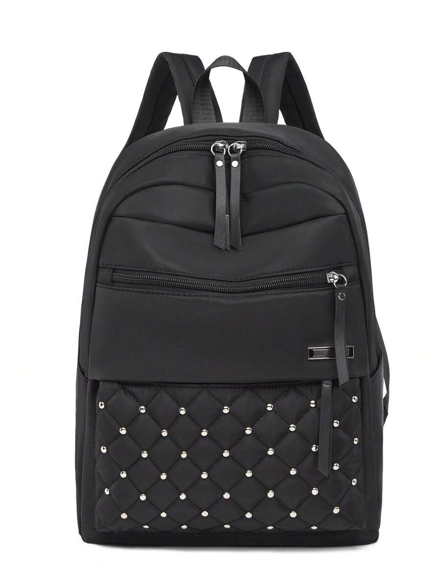 LECEY Women Rhombic Embroidery Backpack, Minimalist & Practical Multifunctional - Black - View 1