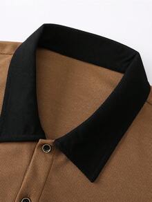 Men's Polo Shirt With Front Button Colorblock Design And Pocket Shorts Set, Summer - Brown - View 6