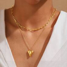 MONALLY Conjunto de 2 collares con colgante de corazón y cadena circular chapado en oro de 18K, acero inoxidable, joyería de oro para mujer, regalo para graduación, baile de graduación, accesorio diario, aniversario