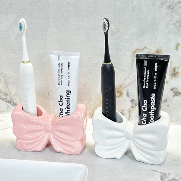 1pc Girly Bow Toothbrush Holder, Ceramic Bathroom Vanity Organizer For Electric Toothbrush & Toothpaste Bathroom Decor Fall Decor Back To School