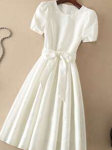 欧美时尚气质圆领短袖连衣裙白色连衣裙优雅爆款女装夏季新款纯色优雅休闲全腰大摆中长款女装 - 白色 - 查看 1