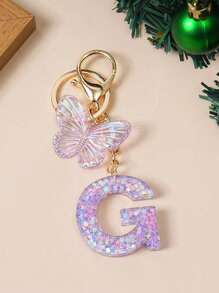 1 Creative Keychain With Alphabet Stone Drops Glue Resin Accessories Butterfly Fringe Alphabet Pendant Keychain Girl