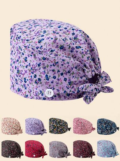 1pc Women's High Quality Polyester Material Ditsy Floral Pattern Design Tie Nurse Cap, Anti-Bacterial & Anti-Dust, Elastic Back, Side Mask String Hook, Suitable For Doctors, Nurses, And All Hospital, Beauty Salon, Veterinary Workers