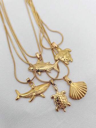 1 件简约时尚不锈钢海洋生物吊坠项链，百搭海洋主题，适合情侣和日常佩戴