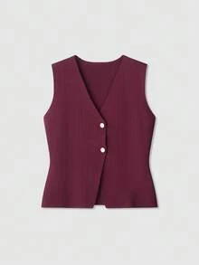 Women's Solid Color V-Neck Casual Gold Button Knit Vest - Burgundy - View 1