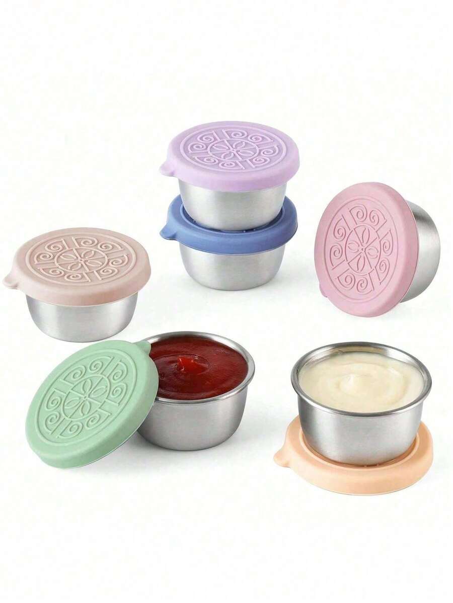 4 包外带沙拉酱容器，1.6 盎司小号不锈钢酱汁杯，带防漏硅胶盖，适用于午餐盒、野餐和旅行