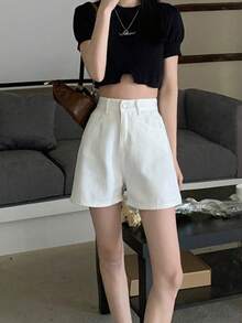 Quần short denim ống rộng màu trơn, kiểu dáng thường ngày, thích hợp cho mùa hè (màu trắng). - trắng - Xem 3
