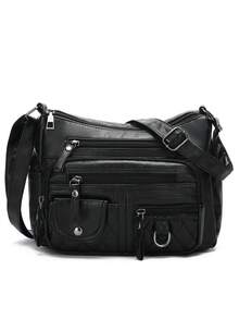 Retro Leather Shoulder Bag Female Multi-Pockets Crossbody Bag Fashion Large Capacity Handbag New Messenger Bag Tote - Black - View 5