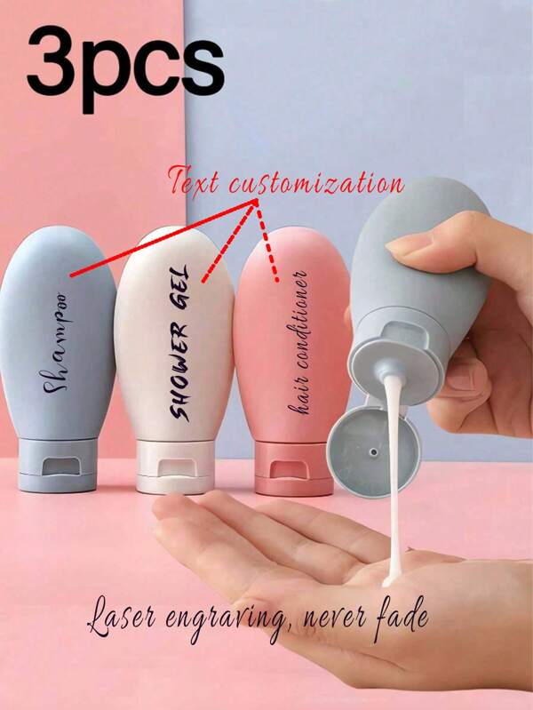 3 pièces de bouteilles de voyage rechargeables en silicone personnalisées, récipients de voyage en silicone étanches et malléables pour cosmétiques, shampooing, liquides, set pratique de bouteilles de voyage, fournitures de toilette de voyage, contenants de shampooing de voyage, flacons vaporisateurs de maquillage, articles de voyage essentiels