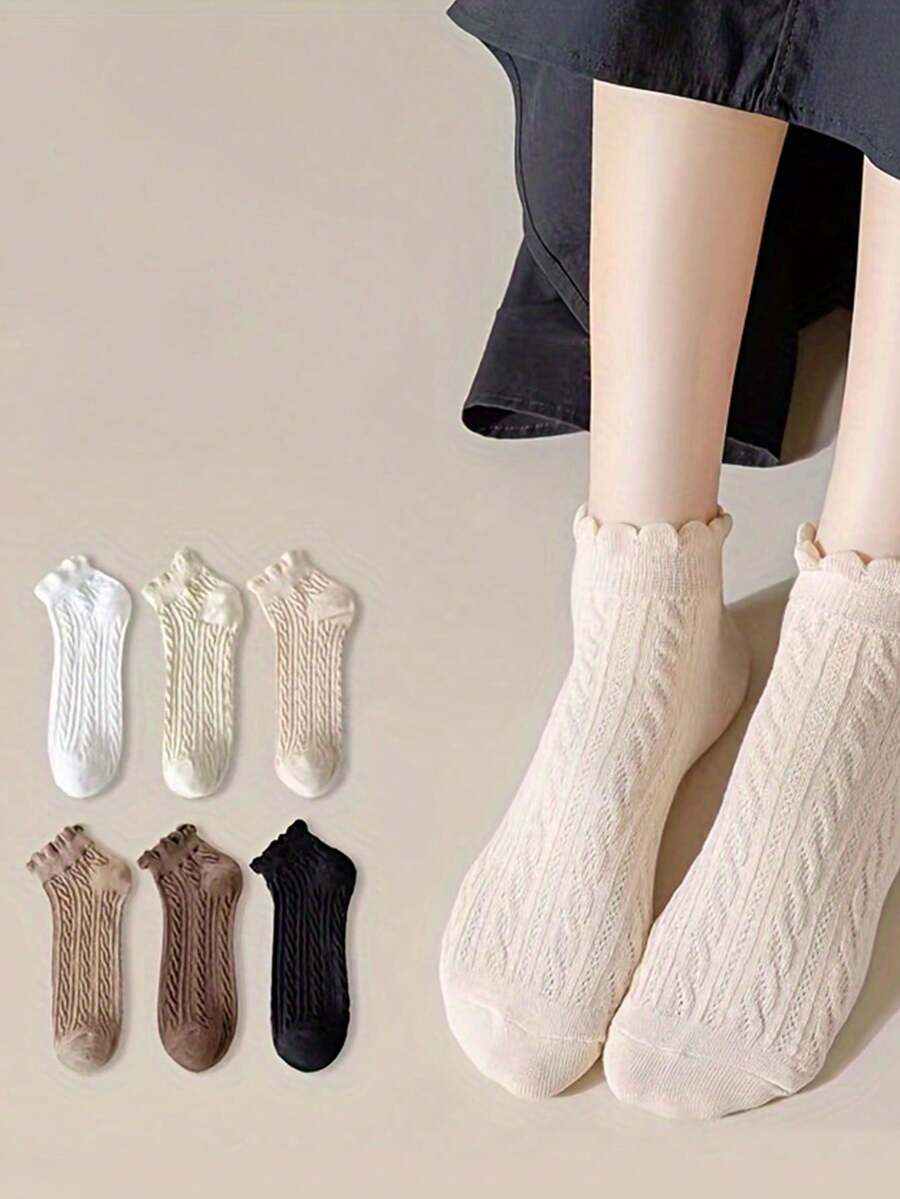 6 Pairs Of Girls Breathable Blended Socks, Sweet Japanese Lace Trim Socks With Ruffle Detail, Spring/Summer Collection - Multicolor - View 1