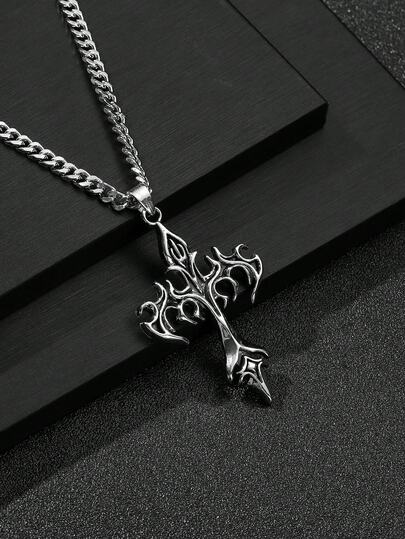 1pc Fashion European & American Retro Style Reversible Cross Pendant Necklace For Men, Personalized Long Stainless Steel Cubon Chain, Can Be Worn Alone For Daily Use