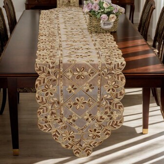 1 st Elegant blommig broderad duk - traditionell organzadesign, guldtrådar på beige tyg, rektanglar i flera storlekar, perfekt för fester, fester och vardagsdekorationer, julbordsdukningar|Intrikat broderi|Organzatyger, bordsdekorationer