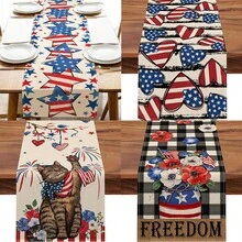 4th Of July Table Runner - Reusable Polyester Kitchen Decor With Striped Stars, Star Hearts, Cats & Liberty Floral Design, Machine Washable For Independence Day, July 4th Party - Multicolor - View 2
