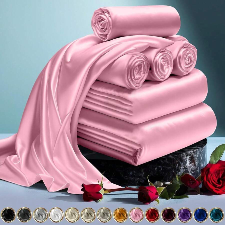 6pcs Solid Color Bedsheet Set, Bedroom Bedding Set (1 Flat Sheet, 1 Fitted Sheet, 4 Pillowcases, Excluding Pillow Insert) - Pink - View 1